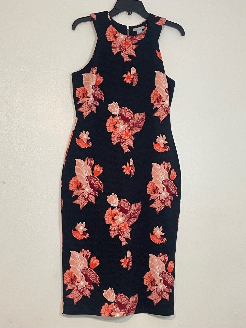 H&M Black Floral Halter Bodycon Midi Dress Size L Fall Transitional